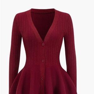 Knit Puff Hem Long Sleeve V-neck Dress SMALL